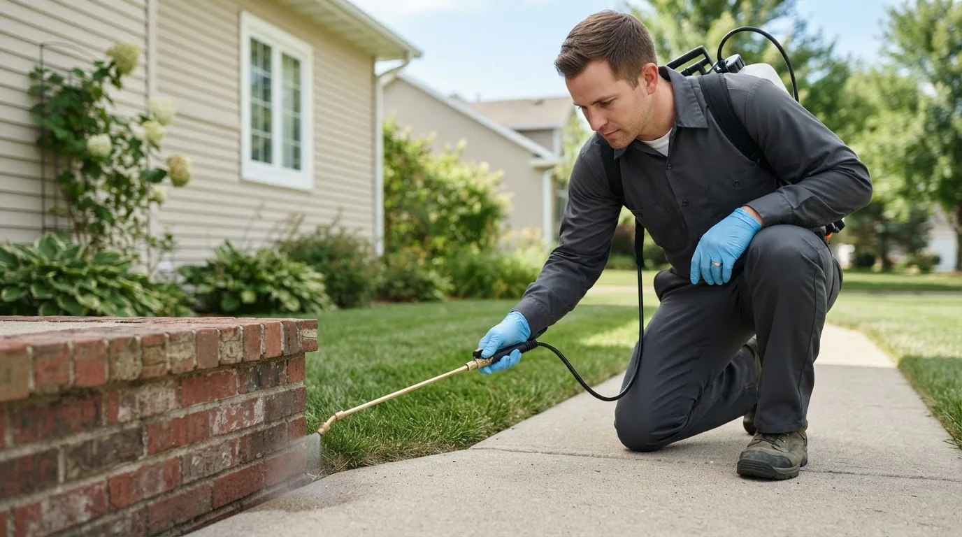 Pest control technician treating a home near Mount Calm, TX
